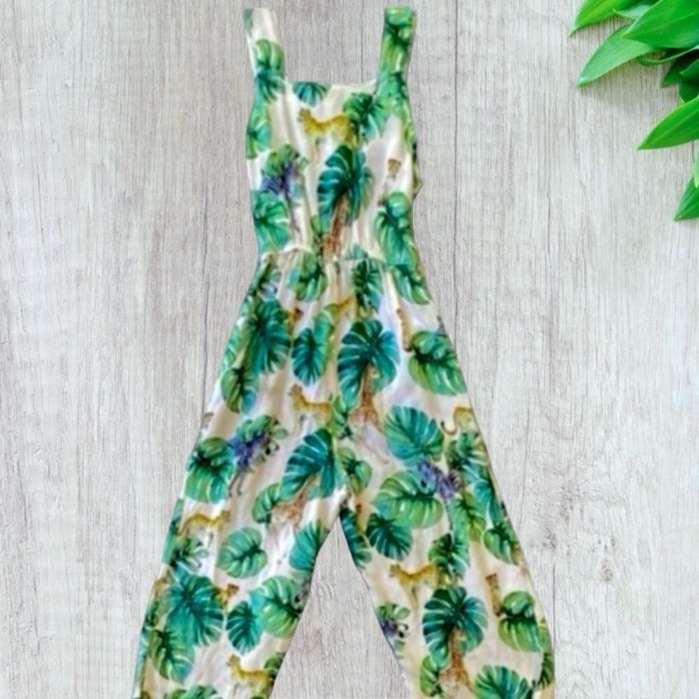 H&M + Karolina Kiiak Sleeveless Tropical Jungle Green Print Jumpsuit - Size 7/8